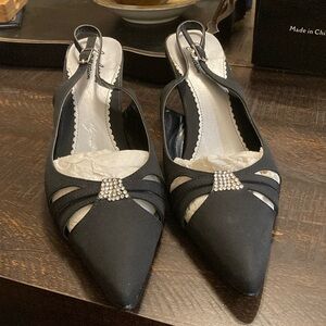 J. Loren Rhinestone Black Pointed-Toe sling back kitten Heels